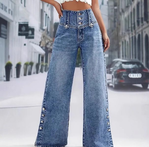 Retro Fashion Button down Jeans for Women Trendy Solid Color Casual Straight Leg Pants European And American Style_mkmklike.com