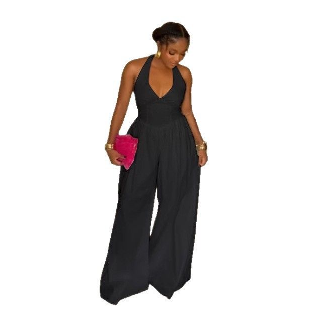Elegant Halter Neck V-Back Wide-Leg Jumpsuit – Slim Fit, Pure Color & Breathable For Work & Evening (White/Black, S-3XL)_mkmklike.com