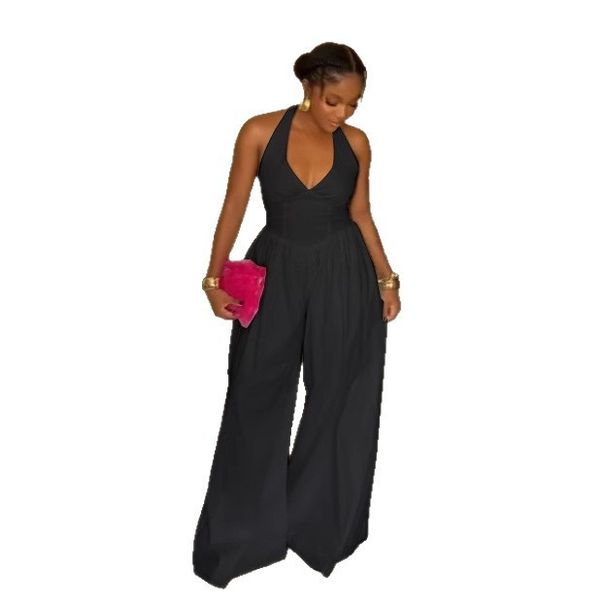 Elegant Halter Neck V-Back Wide-Leg Jumpsuit – Slim Fit, Pure Color & Breathable For Work & Evening (White/Black, S-3XL)_mkmklike.com