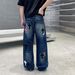 Men's High-Street Jeans – Oversized Straight-Leg Denim Pants With Leather Cross Embroidery & Hand-Painted Details – Vintage Low-Rise Wide-Leg Trousers_mkmklike.com
