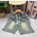 Men's Trendy Brand Washed Ripped Denim Shorts Elastic Waist Five Point Loose Straight Leg Japanese Style Summer Mid Length Pants_mkmklike.com