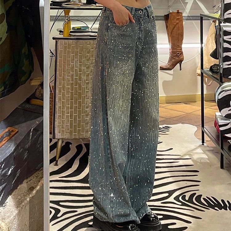 Women's High-Street Rhinestone Embellished Flared Jeans - Distressed Denim With Sparkling Details For Trendy Streetwear Look_mkmklike.com