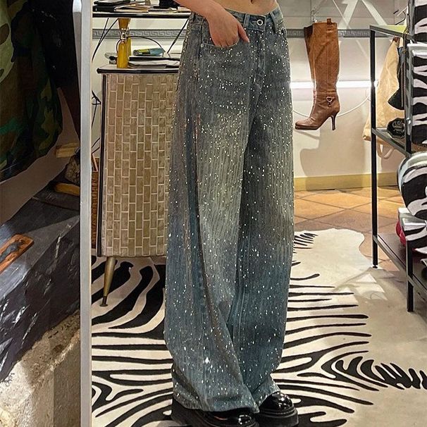 Women's High-Street Rhinestone Embellished Flared Jeans - Distressed Denim With Sparkling Details For Trendy Streetwear Look_mkmklike.com
