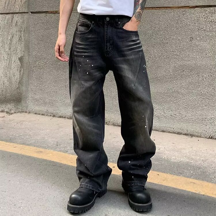 Men's Retro Washed Distressed Black Jeans High Street Style Loose Straight Leg Casual Pants Fashion_mkmklike.com
