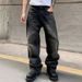 Men's Retro Washed Distressed Black Jeans High Street Style Loose Straight Leg Casual Pants Fashion_mkmklike.com