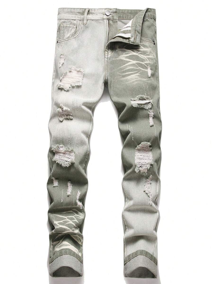 Men's Distressed Straight Leg Jeans With Ombre Tie-Dye Wash, Vintage Denim Pants For Casual Streetwear_mkmklike.com