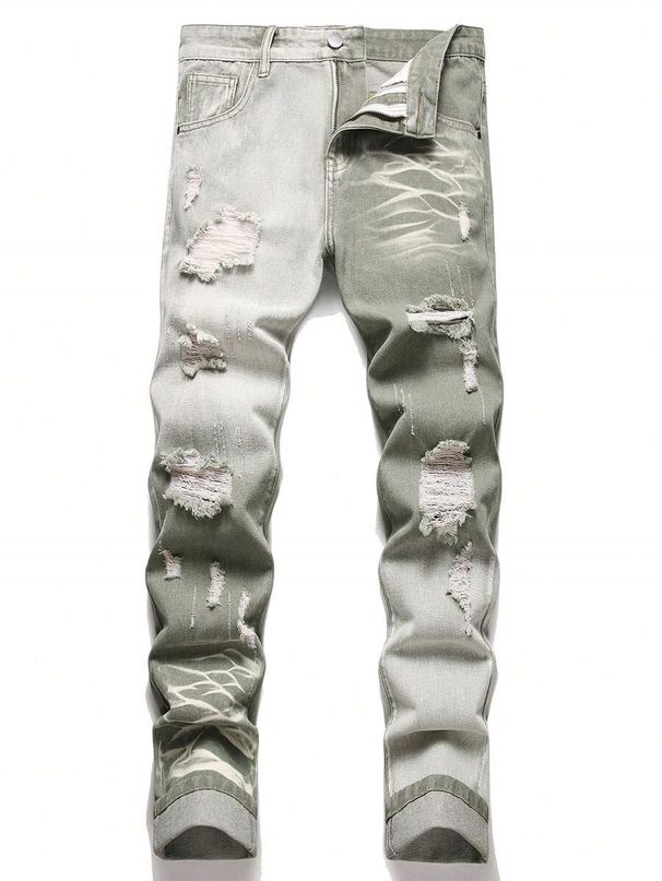 Men's Distressed Straight Leg Jeans With Ombre Tie-Dye Wash, Vintage Denim Pants For Casual Streetwear_mkmklike.com