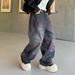 Electric Purple-Gray Washed Denim Jeans - Straight Leg Graffiti-Inspired Pants With Distressed Details For Men_mkmklike.com