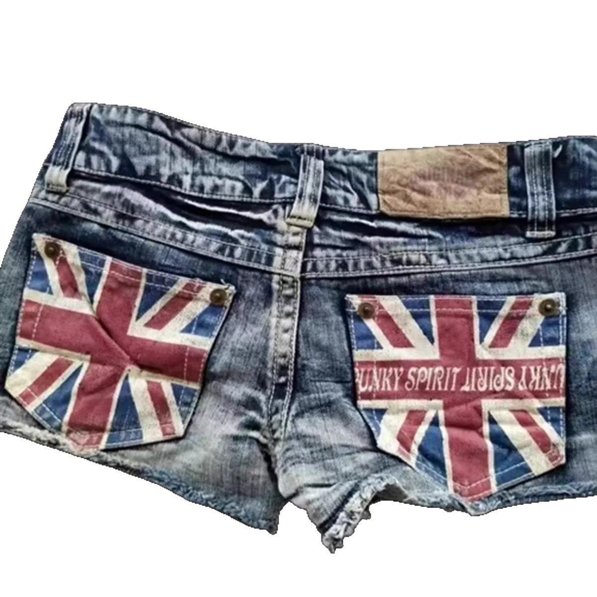 Women's Slim Fit Denim Shorts Trendy National Flag Print Color Block Low Rise Sexy Street Style European American Cross Border 2025_mkmklike.com