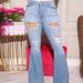 Light Blue Plus Size Stretch Ripped Jeans Wide Leg Flare Denim For Women Regular Thickness Solid Color England Style Fashion_mkmklike.com