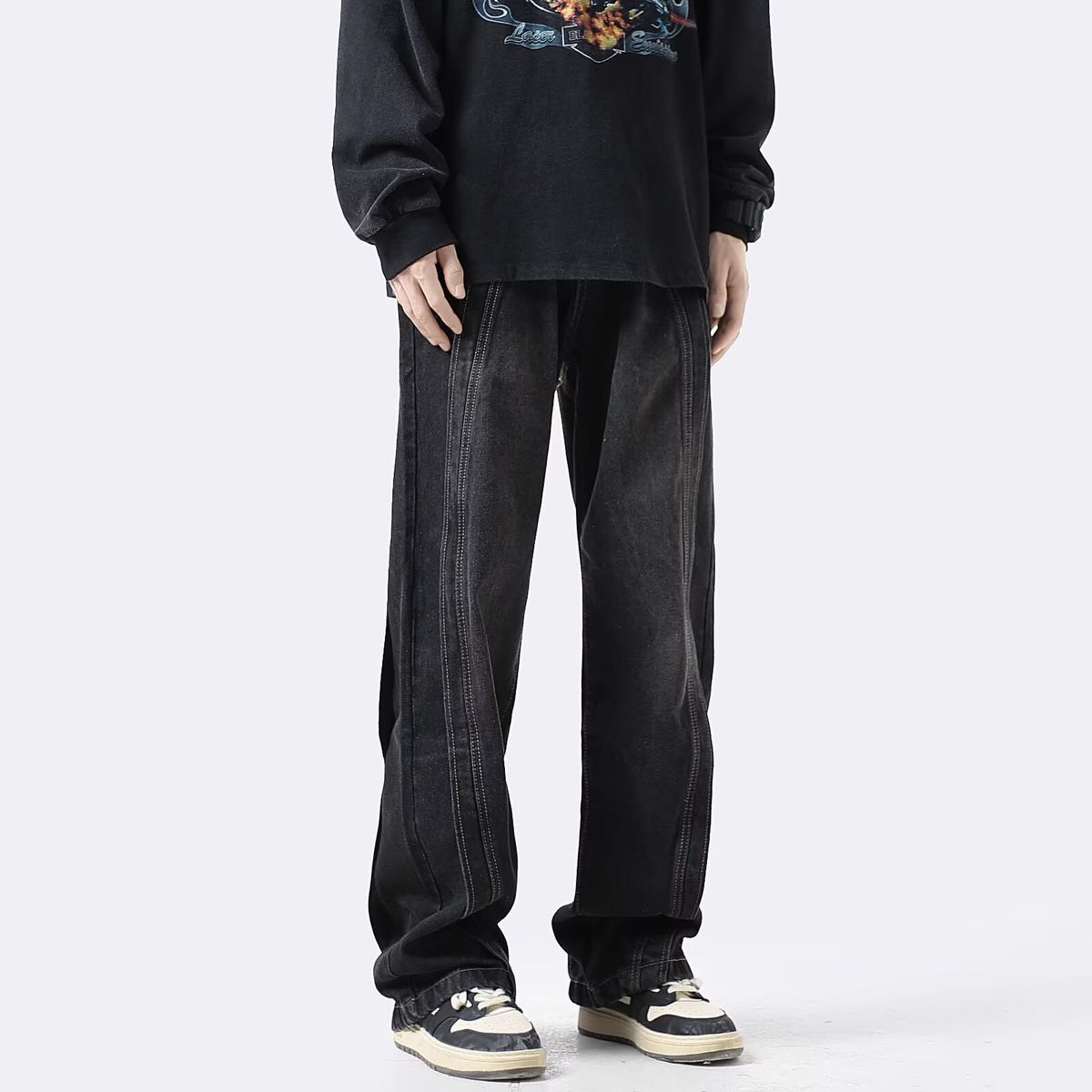 American Retro Sense Splicing Jeans Men's High-end Loose Design Niche High Street Wide-leg Drape Straight Pants Trousers_mkmklike.com