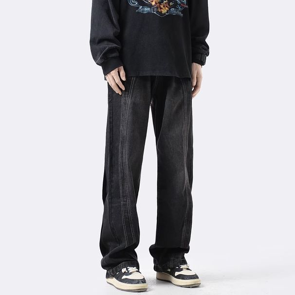 American Retro Sense Splicing Jeans Men's High-end Loose Design Niche High Street Wide-leg Drape Straight Pants Trousers_mkmklike.com