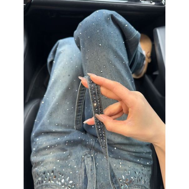 Women's High-Waisted Straight Leg Jeans Rhinestone Design Blue with Belt S M L XL XXL_mkmklike.com