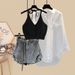 Women's Clothing Summer Outfit Complete Set New Sun Protection Shirt Slimming Halter Neck Suspenders Denim Skirt Three Piece Set_mkmklike.com