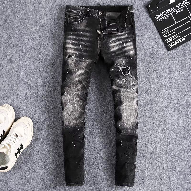 Men's Clothing Men's Slim Fit Skinny Jeans Distressed Black Gray Washed Ripped Patchwork Paint High Street Fashion Trendy European American Style_mkmklike.com