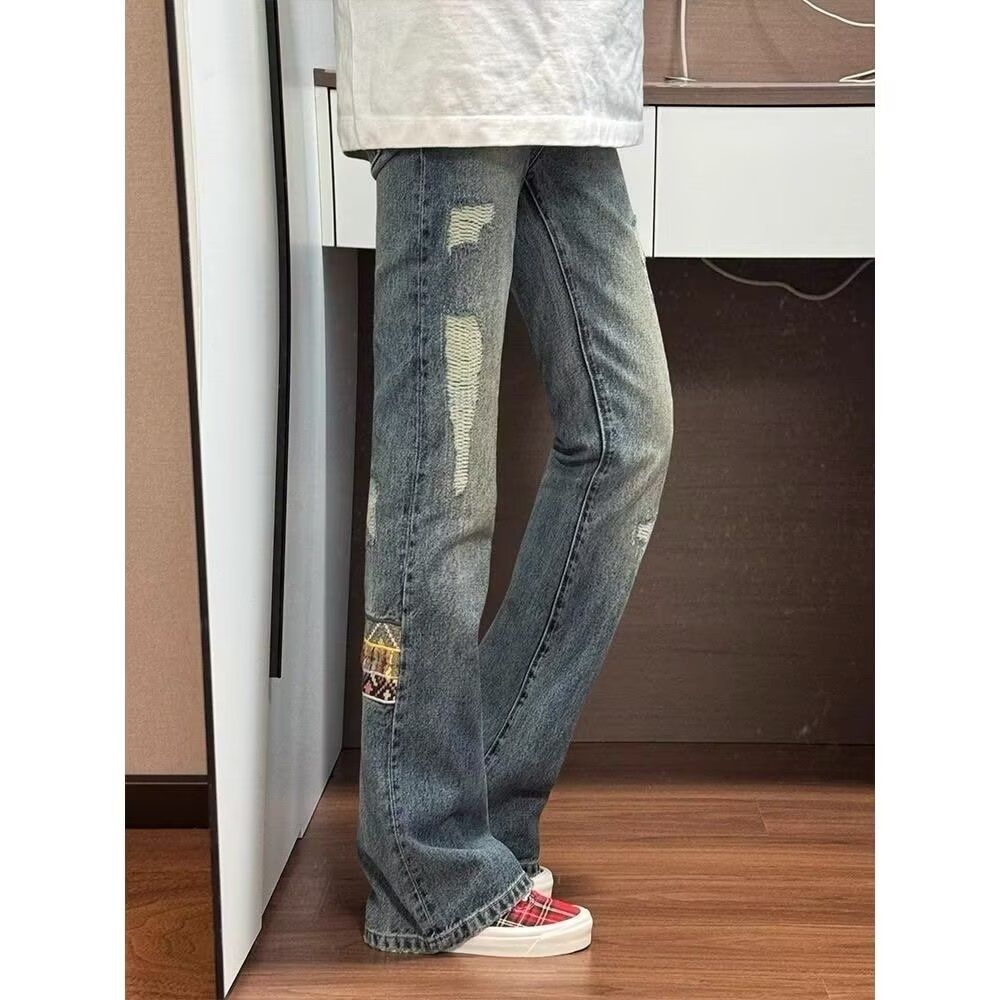 BOY Ethnic Style Patchwork Denim Jeans For Men American Retro Loose Fit Versatile Cleanfit Draped Flared Pants_mkmklike.com