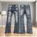 Unisex Vintage Blue Flared Jeans, Vertical Fade & Frayed Scratches, Biker Stacked, Breathable Summer_mkmklike.com