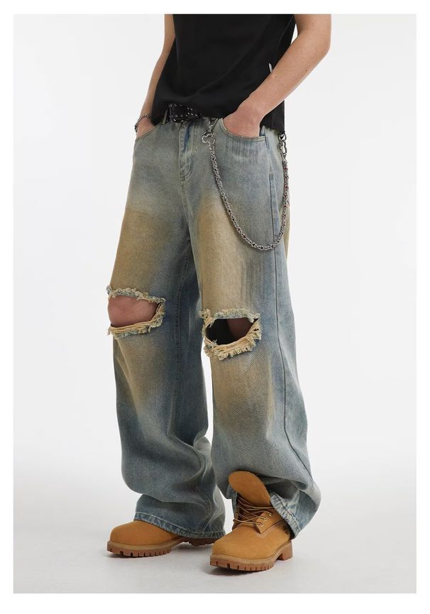 Men's Clothing Retro Distressed Ripped Denim Shorts Summer Gradient Loose Pants_mkmklike.com