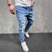 Men's Clothing Blue Distressed Casual Jogging Pants Drawstring Ripped Jeans Independent Website Trendy_mkmklike.com