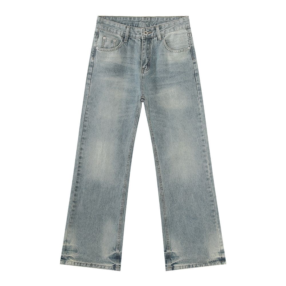 Men's High Street Flare Jeans – Vintage Washed Slim Fit Denim Pants With Raw Hem(XS-XL, Mid-Rise, Zip Fly, Minimalist Tag)_mkmklike.com