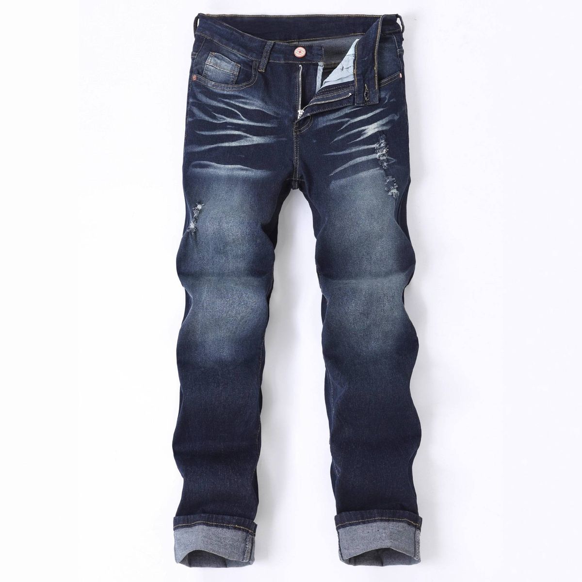 Men's Slim Fit Dark Blue Washed Jeans - Straight Leg Distressed Denim Pants With Patch Details For Casual Wear_mkmklike.com