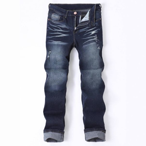 Men's Slim Fit Dark Blue Washed Jeans - Straight Leg Distressed Denim Pants With Patch Details For Casual Wear_mkmklike.com