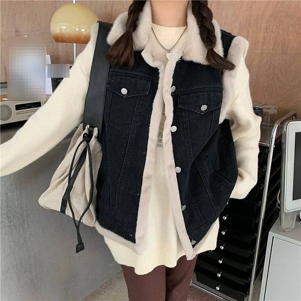 Women's Clothing Denim Vest With Sherpa Collar – Sleeveless Oversized Fleece-Lined Jacket For Casual Winter Wear_mkmklike.com