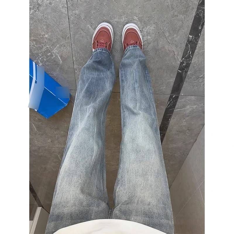 Men's Vintage Washed Jeans – High Street Retro Straight Leg Denim Pants With Slight Flare & Comfortable Mid-Rise Fit (Lightning Blue)_mkmklike.com