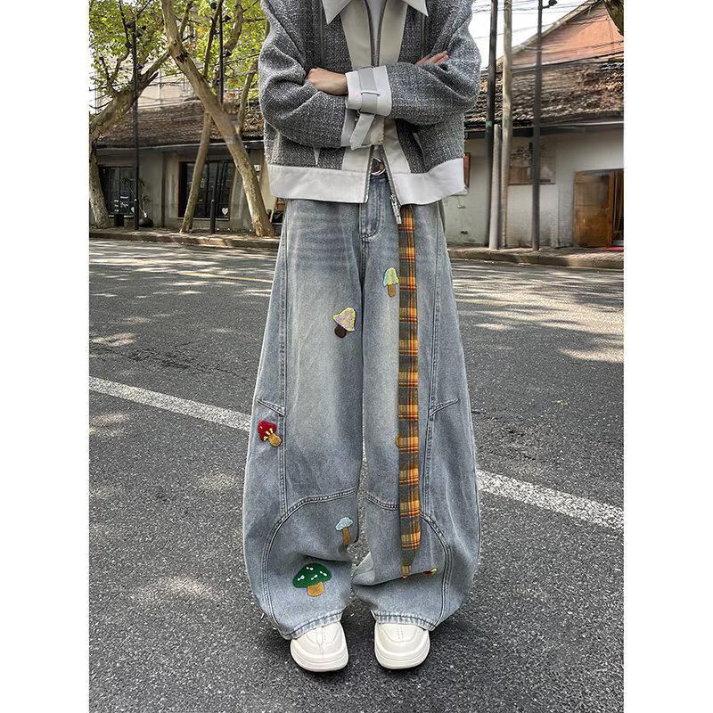 Men's Clothing Embroidered Jeans Men's Embroidered Denim Jeans High Street Loose Fit Hip Hop Straight Leg Wide Pants Casual Streetwear_mkmklike.com