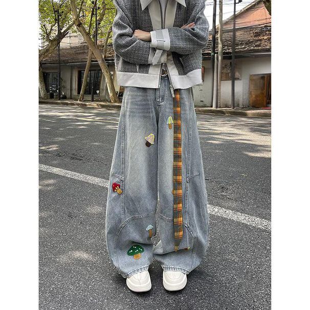 Men's Clothing Embroidered Jeans Men's Embroidered Denim Jeans High Street Loose Fit Hip Hop Straight Leg Wide Pants Casual Streetwear_mkmklike.com
