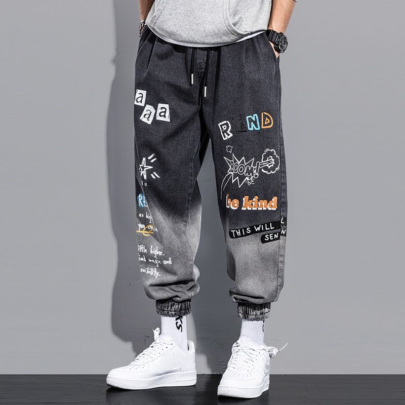 Men's Summer Jeans – Korean-Style Slim Tapered Pants With Artistic Graffiti & Cuffed Hem | Trendy Streetwear Casual Trousers_mkmklike.com