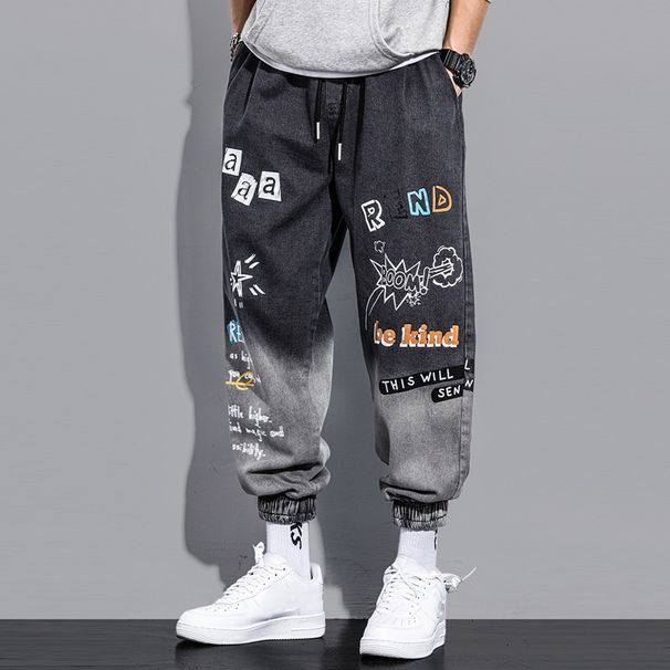 Men's Summer Jeans – Korean-Style Slim Tapered Pants With Artistic Graffiti & Cuffed Hem | Trendy Streetwear Casual Trousers_mkmklike.com
