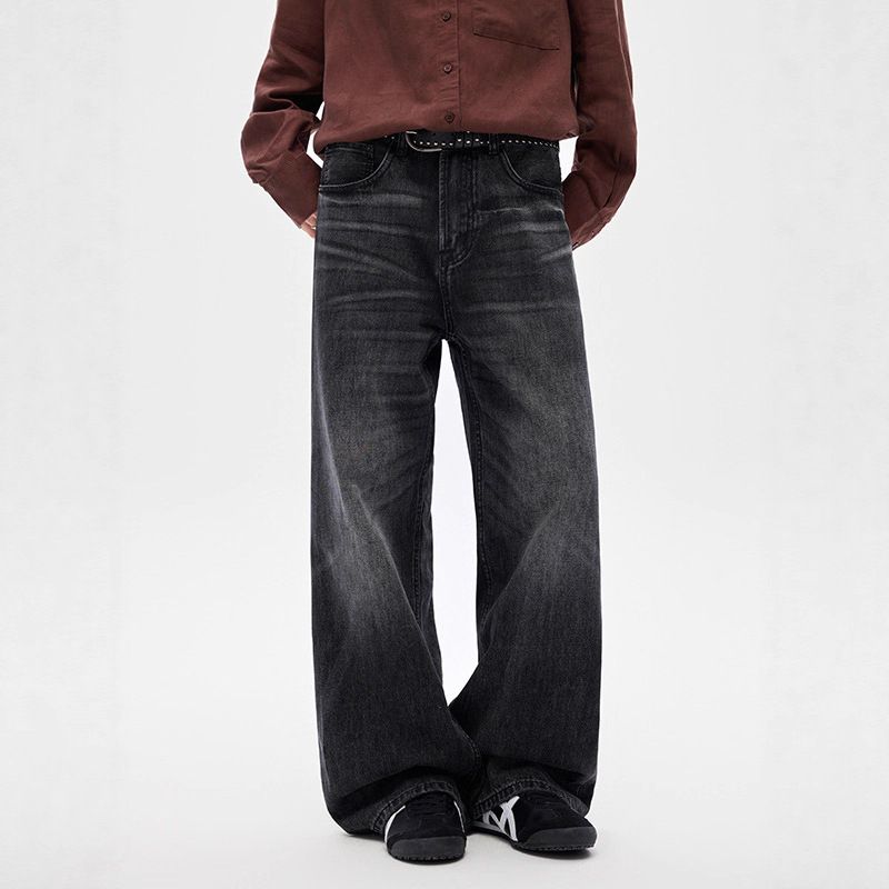 Men's Clothing Whiskered Denim Jeans American Style Straight Leg Retro Loose Fit Wide Leg Washed Black Trousers For Men And Women_mkmklike.com
