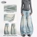 LKTM Vintage Wide-Leg Distressed Denim Jeans Asymmetrical Hem Patchwork Detail Retro American Style for Men And Women_mkmklike.com