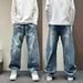 Men's Pleated Wide-Leg Jeans, Curved Hem Loose Fit Denim Pants With Layered Design For Casual Streetwear_mkmklike.com