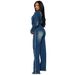 Stretch Flare-Leg Denim Jumpsuit With Distressed Hem – Slim Fit Long Sleeve Romper For Women & Men (Blue, S-2XL)_mkmklike.com