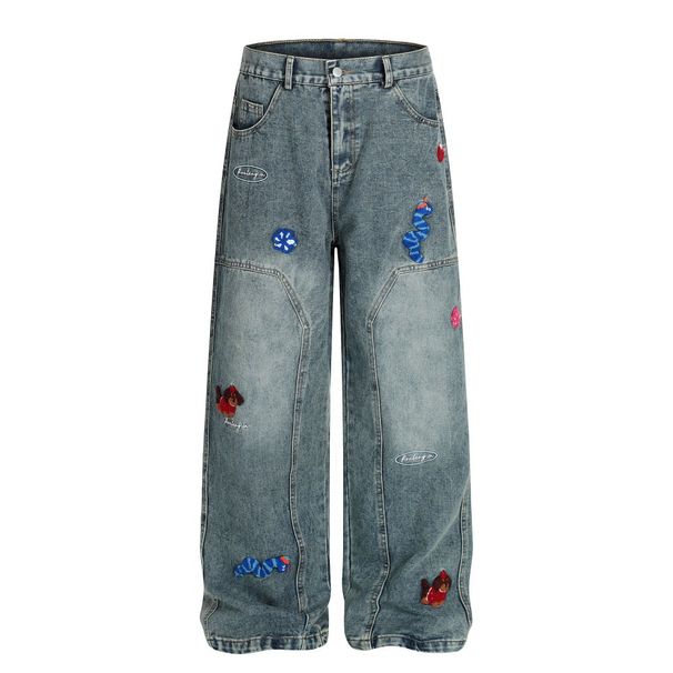 Fun Flocked Embroidery Cartoon Wide-Leg Jeans For Men Trendy Design Sense Personality Loose Straight Long Pants_mkmklike.com