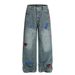 Fun Flocked Embroidery Cartoon Wide-Leg Jeans For Men Trendy Design Sense Personality Loose Straight Long Pants_mkmklike.com