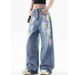 Women's Graffiti Print Denim Jeans – High Street Style, Loose Fit Straight Leg With Slight Flare_mkmklike.com