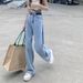 Women's Clothing Contrast Color Slightly Wide Leg Jeans Spring New Narrow Version High Waist Color Matching Drape Loose Straight Simple Mopping Pants_mkmklike.com