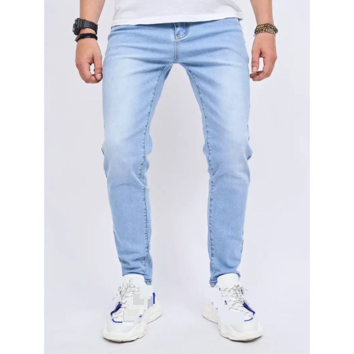 High Street Men's Jeans Simple Light Blue Elastic Slim Fit Small Straight Casual Men's Trousers_mkmklike.com