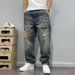 Men's Summer American Retro Loose Straight Leg Jeans Ripped Patches And Patchwork Versatile Long Pants_mkmklike.com