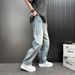 Men's Light Blue Straight Leg Loose Fit Jeans High Street Style Fashion Retro Elastic Waistband Trendy Versatile_mkmklike.com