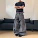 Grunge Couple Jeans – Distressed Black-Gray Patchwork, Relaxed Bootcut For Men & Women (82% Cotton, Vintage Washed, S-XXXL)_mkmklike.com