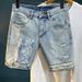Men's Ripped Jeans, Trendy Brand, Stretchy Slim Fit, Embroidered Patches, Mid Length Shorts, Blue, In Stock, Korean Style, Basic Straight Leg._mkmklike.com