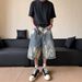 Men's Clothing Unisex High Street Lightning Bolt Pattern Denim Capri Shorts Street Style Over The Knee Mid Length Loose Wide Leg Trendy_mkmklike.com
