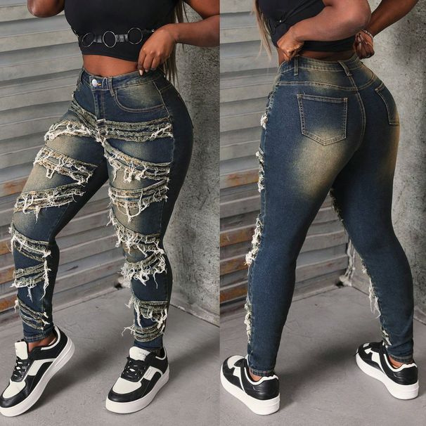Distressed Denim Jeans For Women - High Waist Slim Fit Washed Skinny Jeans, Cotton Stretch Comfort, Fashionable Streetwear (Blue, S-2XL)_mkmklike.com