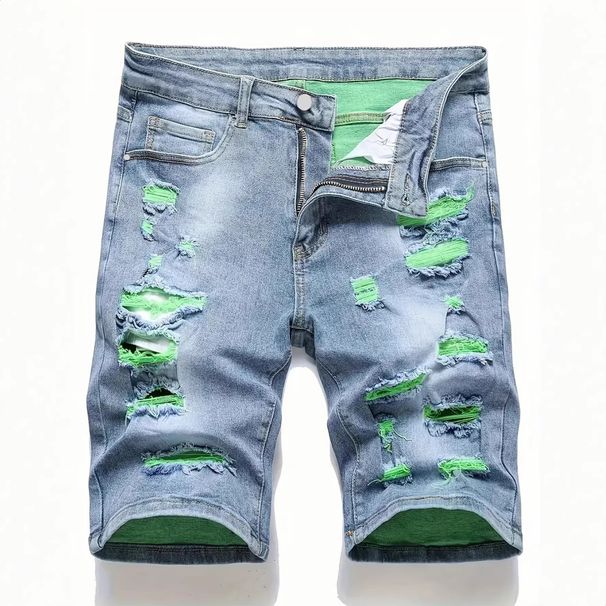 Men's Light Blue Distressed Denim Shorts Straight-Leg Mid-Length Washed Ripped Streetwear Clothing_mkmklike.com