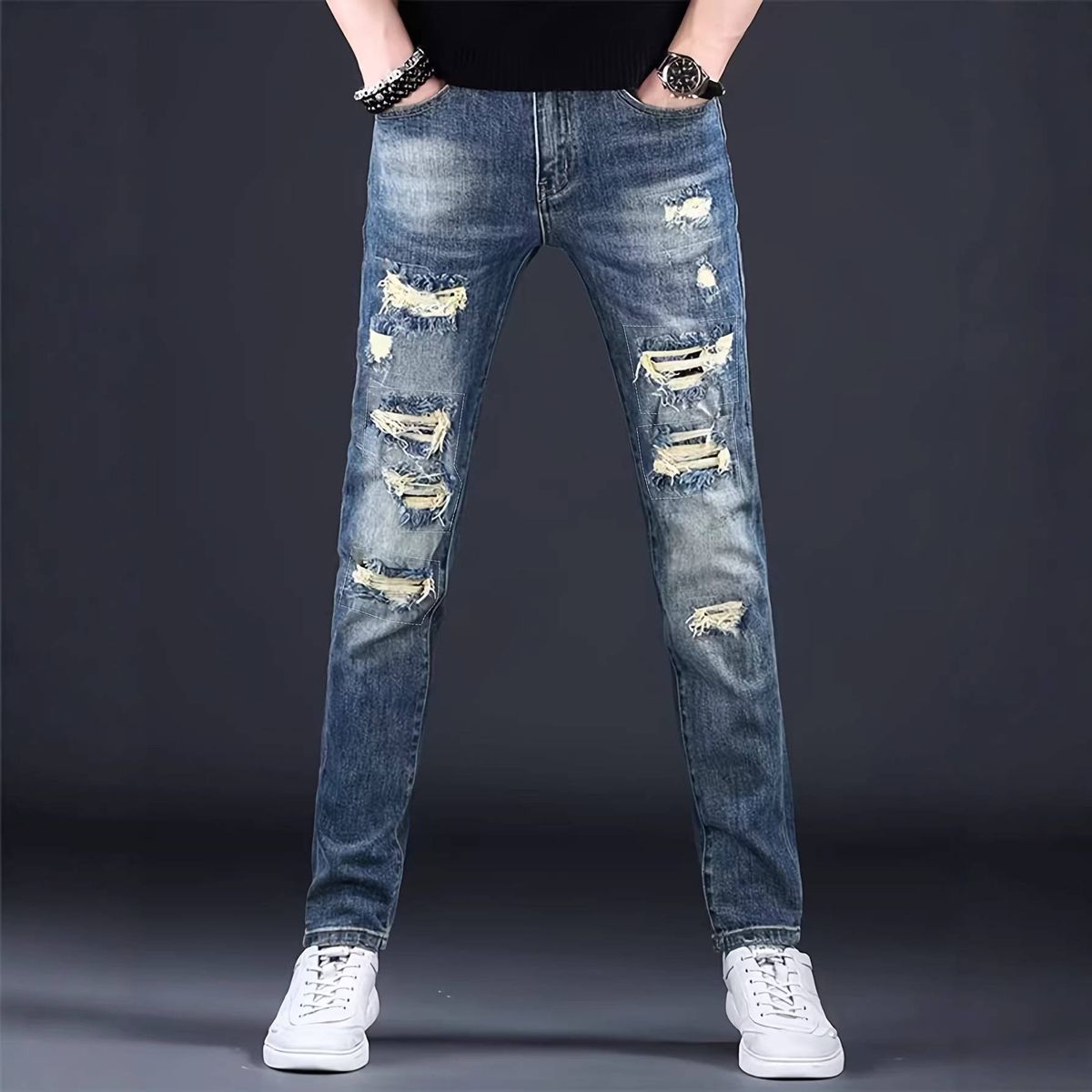 Men's Slim Fit Stretchy Ripped Denim Jeans Blue Distressed Trousers Simple Style_mkmklike.com