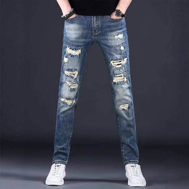 Men's Slim Fit Stretchy Ripped Denim Jeans Blue Distressed Trousers Simple Style_mkmklike.com